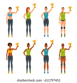 Female athletes in sports uniform holding cup in outstretched hand up. Girls athlete, winners, took first place prize. The winners of the marathon, competition. Vector illustration isolated.