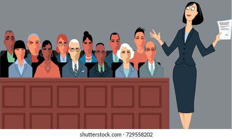 Female attorney address the jury at a trial, EPS 8 vector illustration - Shutterstock ID 729558202