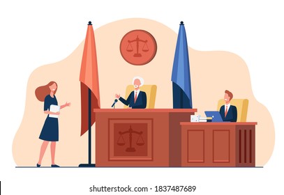Female attorney standing in front of judge and talking isolated flat vector illustration. Cartoon courtroom or courthouse during trial. Justice and law concept