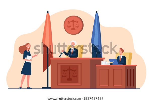 Female attorney standing in front\
of judge and talking isolated flat vector illustration. Cartoon\
courtroom or courthouse during trial. Justice and law\
concept