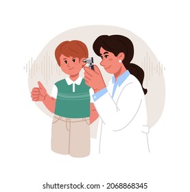 Female audiologist doctor checks boys ears with otoscope.Boy happy, he shows the OK sign with his hand.Hearing exam for kids.Vector flat illustration isolated on white background.