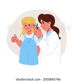 The female audiologist doctor checks the girl's ears with otoscope.The girl happy, she shows the OK sign with her hand.Hearing exam.Vector flat illustration.