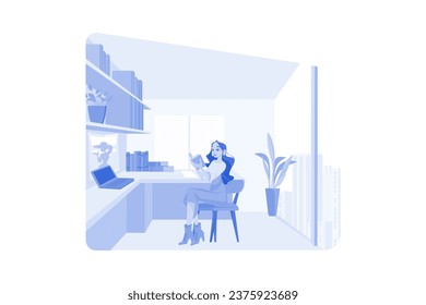 Female Author Is Reading A Book In The Office