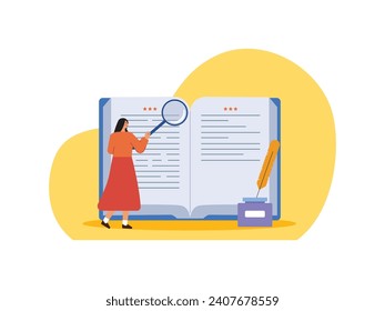 The female author is reading a large journal with a magnifying glass in which the book is written in black ink. Character. Vector flat illustration