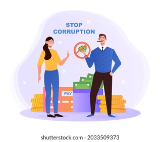Female Authority Representative Refuse To Be Engaged In Bribery By Wealthy Businessman. Stop Corruption, Breaking The Law. Flat Illustration Cartoon Vector Concept Design Isolated On White Background