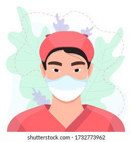 Female avatar. Female character in medical uniform and face mask. Asian woman as doctor or nurse.  Coronavirus epidemic. Vector stock  illustration isolated on white background.