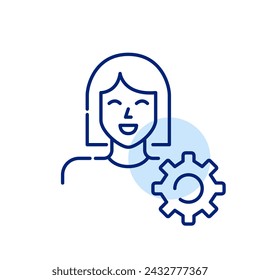 Female avatar and cogwheel. Adaptability and user-centric control. Pixel perfect, editable stroke icon