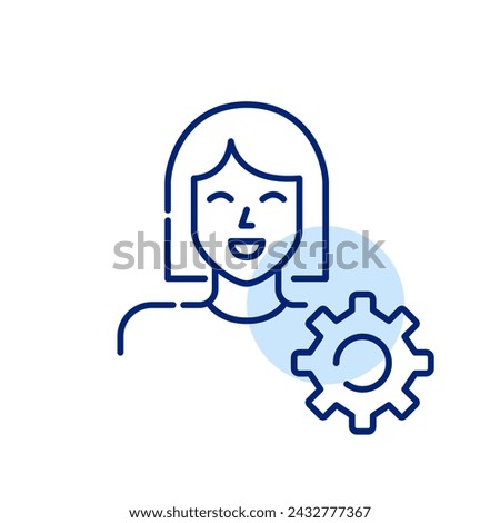 Female avatar and cogwheel. Adaptability and user-centric control. Pixel perfect, editable stroke icon