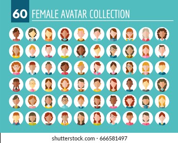 Female avatar collection in flat design. 60 different woman avatar design with diverse nationalities, ages, clothing and hair styles. Round vector icons isolated on white background.