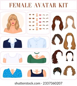 Female avatar creator. Portrait generator with variable face features, hairstyles and clothes.
