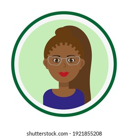 Female avatar. Cute black woman’s portrait on green background. Smiling girl face with brown long pony tail and glasses. Isolated vector illustration.