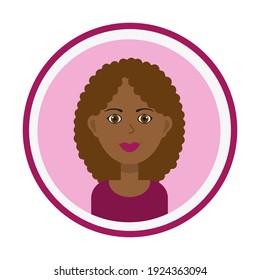 Female avatar. Cute black woman’s portrait on pink background. Smiling girl face with brown curly hair. Isolated vector illustration.