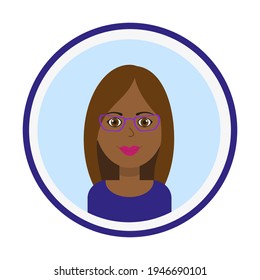 Female avatar. Cute black woman’s portrait on blue background. Smiling girl face with brown long hair and glasses. Isolated vector illustration.