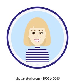 Female avatar. Cute woman’s portrait on light blue background. Smiling girl face with medium length blond hair and brown eyes. Isolated vector illustration.