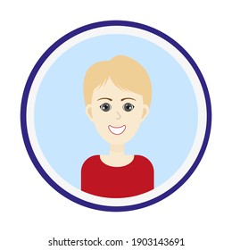 Female avatar. Cute woman’s portrait on light blue background. Smiling girl face with short blond hair and grey eyes. Isolated vector illustration.