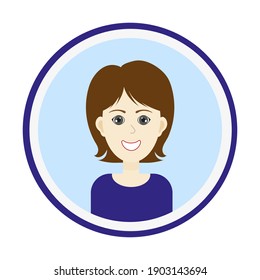 Female avatar. Cute woman’s portrait on blue background. Smiling girl face with brown medium long hair and forelock and grey eyes. Isolated vector illustration.