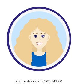 Female avatar. Cute woman’s portrait on light blue background. Smiling girl face with blond curly hair and blue eyes. Isolated vector illustration.