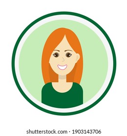 Female avatar. Cute woman’s portrait on green background. Smiling girl face with long unfastened red hair and brown eyes. Isolated vector illustration.