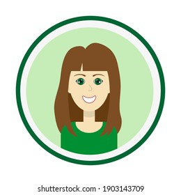 Female avatar. Cute woman’s portrait on green background. Smiling girl face with tresses brown long hair and forelock and green eyes. Isolated vector illustration.