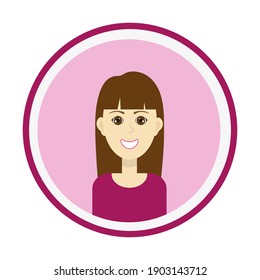 Female avatar. Cute woman’s portrait on pink background. Smiling girl face with tresses brown long hair and forelock and brown eyes. Isolated vector illustration.