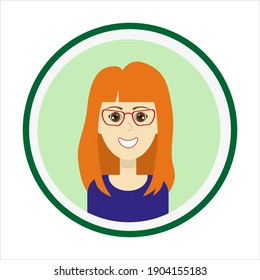 Female avatar. Cute woman’s portrait on green background. Smiling girl face with red long hair, brown eyes and glasses. Isolated vector illustration.