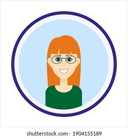 Female avatar. Cute woman’s portrait on blue background. Smiling girl face with red long hair, green eyes and glasses. Isolated vector illustration.