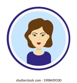 Female avatar. Cute woman’s portrait on blue background. Girl’s face with medium length curly brown hair and brown eyes. Isolated vector illustration.