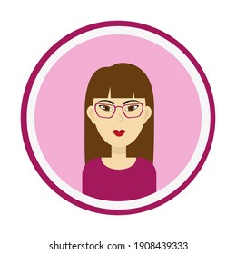 Female avatar. Cute woman’s portrait on pink background. Girl face with long brown hair, brown eyes and glasses. Isolated vector illustration.