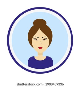 Female avatar. Cute woman’s portrait on blue background. Girl face with bun hairstyle. Isolated vector illustration.