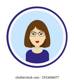 Female avatar. Cute woman’s portrait on blue background. Girl’s face with medium length brown hair, brown eyes and glasses. Isolated vector illustration.