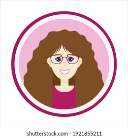 Female avatar. Cute woman’s portrait on pink background. Smiling girl face with brown long curly hair, blue eyes and glasses. Isolated vector illustration.