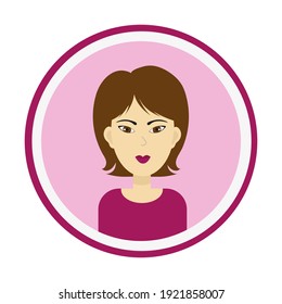 Female avatar. Cute woman’s portrait on pink background. Girl’s face with medium length brown hair and brown eyes. Isolated vector illustration.