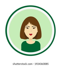 Female avatar. Cute woman’s portrait on green background. Girl’s face with medium length brown hair and brown eyes. Isolated vector illustration.