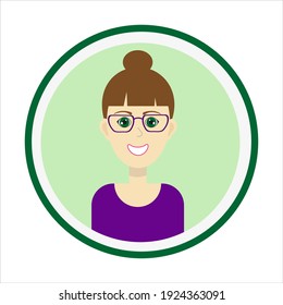 Female avatar. Cute woman’s portrait on green background. Smiling girl face with brown hair, bun hairstyle, green eyes and glasses. Isolated vector illustration.