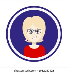 Female avatar. Cute woman’s portrait on blue background. Smiling girl face with blond hair, grey eyes and glasses. Isolated vector illustration.