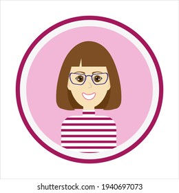 Female avatar. Cute woman’s portrait on pink background. Smiling girl face with medium length brown hair, brown eyes and glasses. Isolated vector illustration.