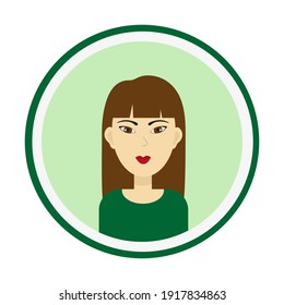 Female avatar. Cute woman portrait on green background. Girl face with long brown hair and brown eyes. Isolated vector illustration.