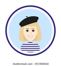 Female avatar. Cute woman portrait on blue background. Smiling girl face with medium length blond hair, brown eyes and black beret. Isolated vector illustration.