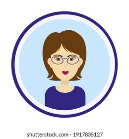 Female avatar. Cute woman portrait on blue background. Girl face with brown hair, brown eyes and glasses. Isolated vector illustration.