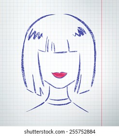 Female avatar drawn on checkered school notebook paper. Vector illustration.