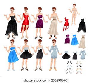 Female avatar with dresses and shoes. Vector illustration, isolated objects. 8 different dresses and 8 shoes.