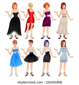 Female avatar with dresses and shoes. Vector illustration, isolated objects. 8 different dresses and 8 shoes.