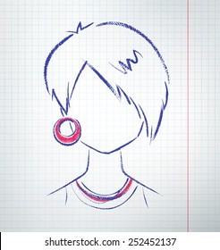 Female avatar with earring. Vector sketch drawn on checkered school paper.