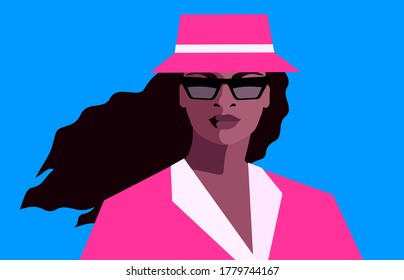 Female avatar. Full face portrait of african girl with long curly hair, wearing jacket, hat and sunglasses. Vector illustration