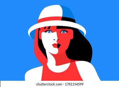 Female avatar. Full face portrait of pretty young woman with long hair, wearing summer dress and hat. Vector illustration