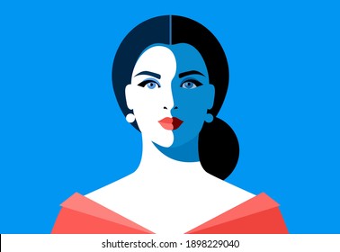 Female avatar. Full face portrait of young woman with black hair and blue eyes, wearing evening dress and earrings. Vector illustration