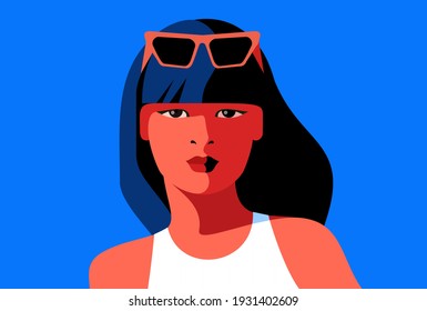 Female avatar. Full face portrait of modern Asian young woman with long hair, wearing summer dress and sunglasses. Vector illustration