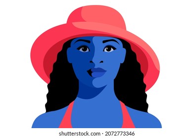 Female avatar. Full face portrait of modern African girl, with long curly hair, wearing big summer hat. Vector illustration