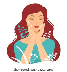 Female avatar. The girl cares for her face. Daily skin care. Vector illustration in cartoon flat style. Trend colors. Cream