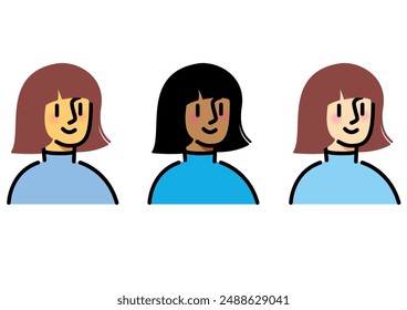 Female avatar icon. Set of diverse female faces with different skin colors.